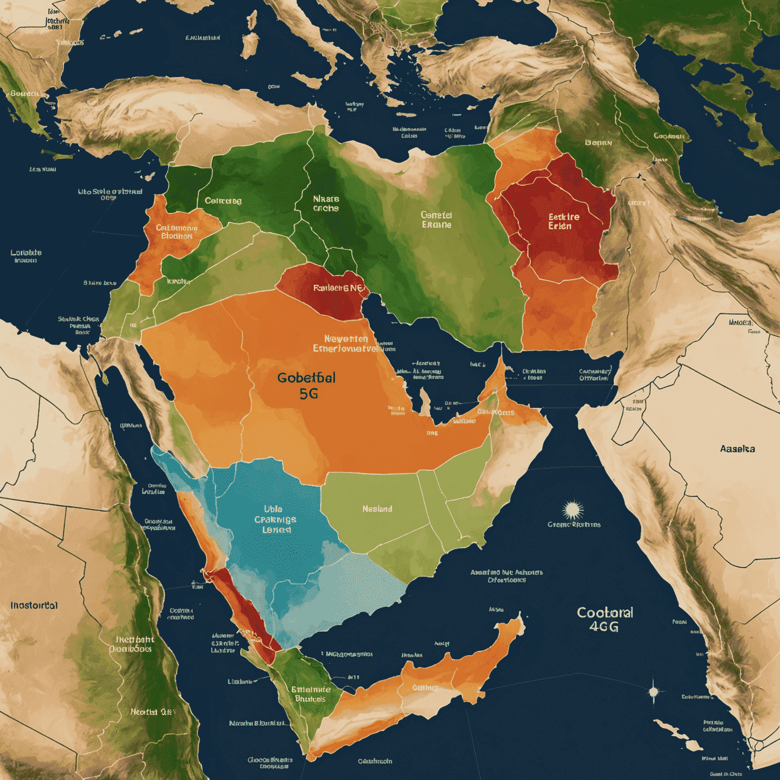 A map showcasing the 5G network coverage across the United Arab Emirates, with different colors representing the coverage areas of various mobile operators.