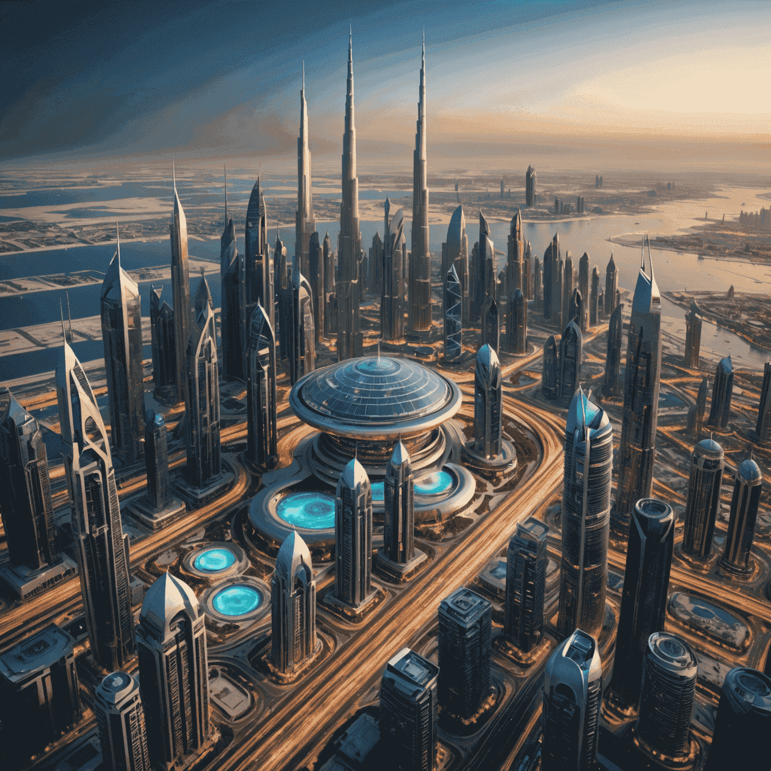 Futuristic cityscape of Dubai with advanced internet technology infrastructure