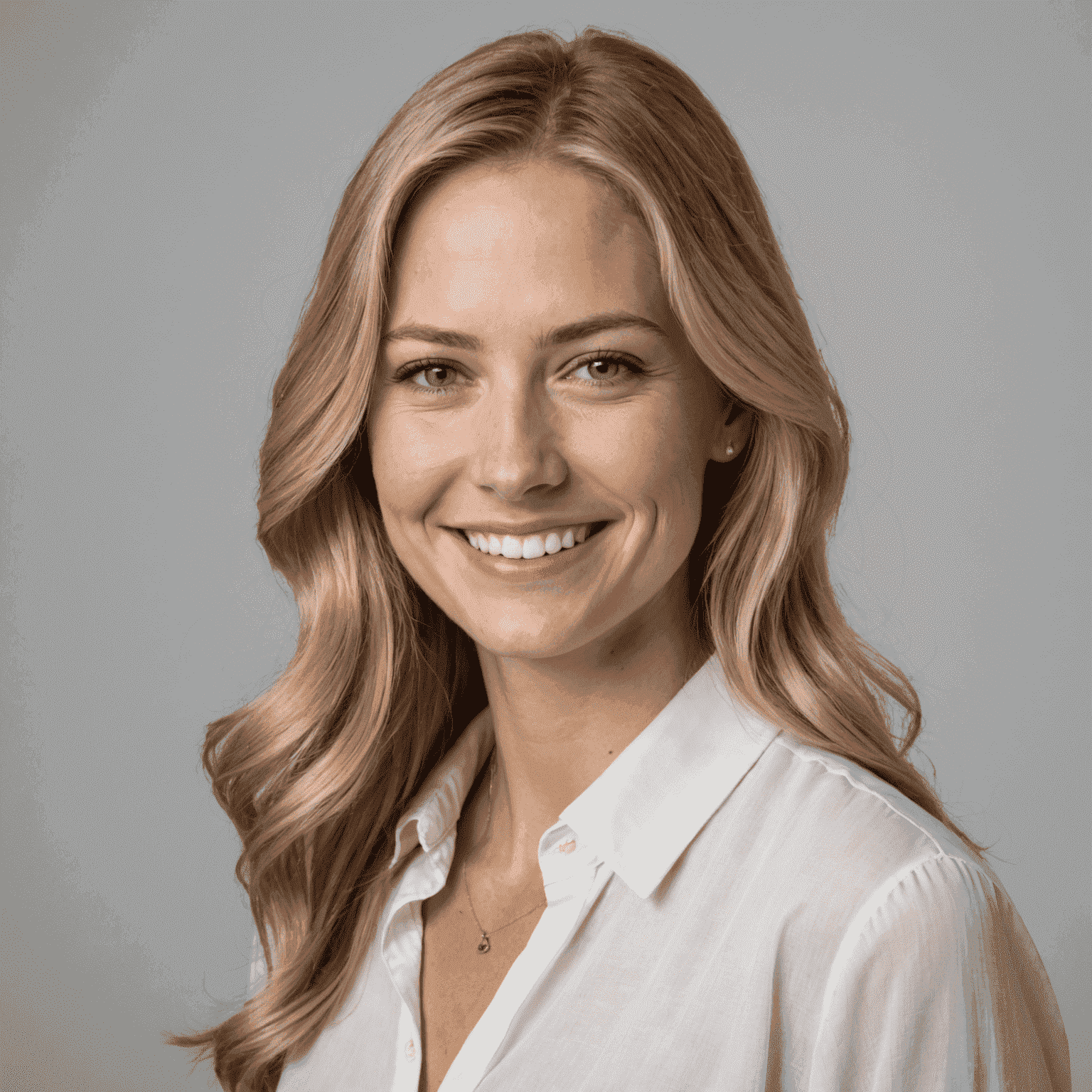 Portrait of a smiling woman in her late 20s with long blonde hair, wearing a white blouse