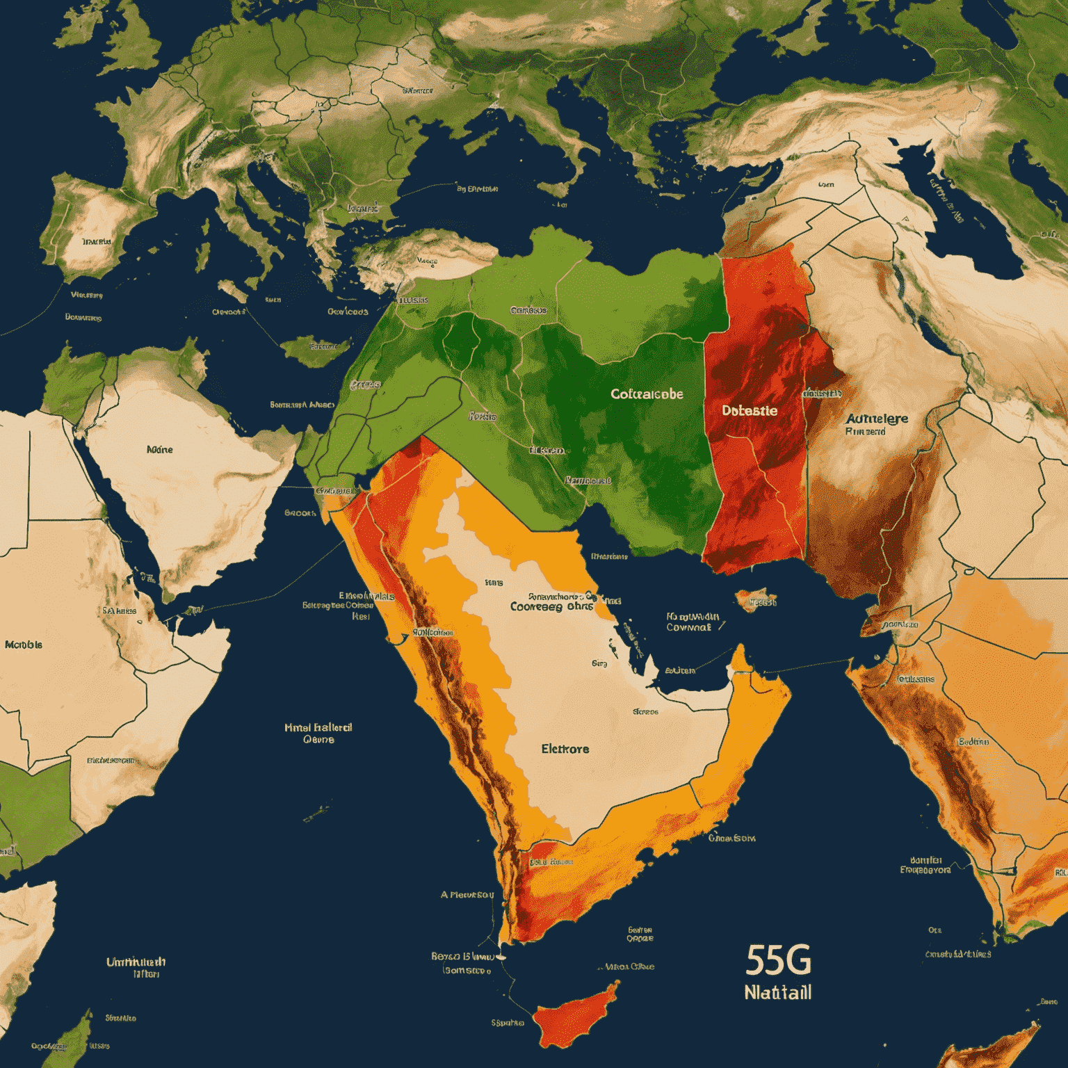 A map showcasing the extent of 5G network coverage across the United Arab Emirates, with different colors representing the coverage areas of various mobile operators.