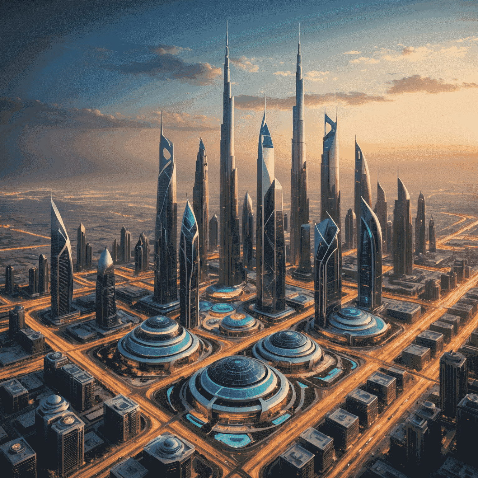 A futuristic cityscape of the UAE, showcasing advanced technologies like IoT, smart cities, and AI integration.